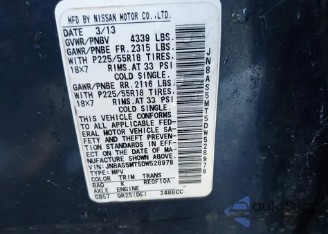 2013 Nissan Rogue Sv W/Sl Pkg z USA, uszkodzony, nr VIN JN8AS5MT5DW528978